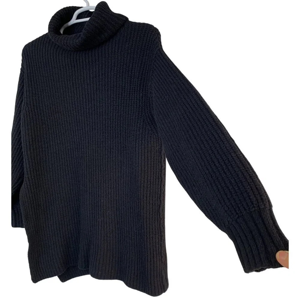 Free People Slouchy Black Rib Mock Neck Sweater Tunic Side Slit Bulky - Picture 4 of 7